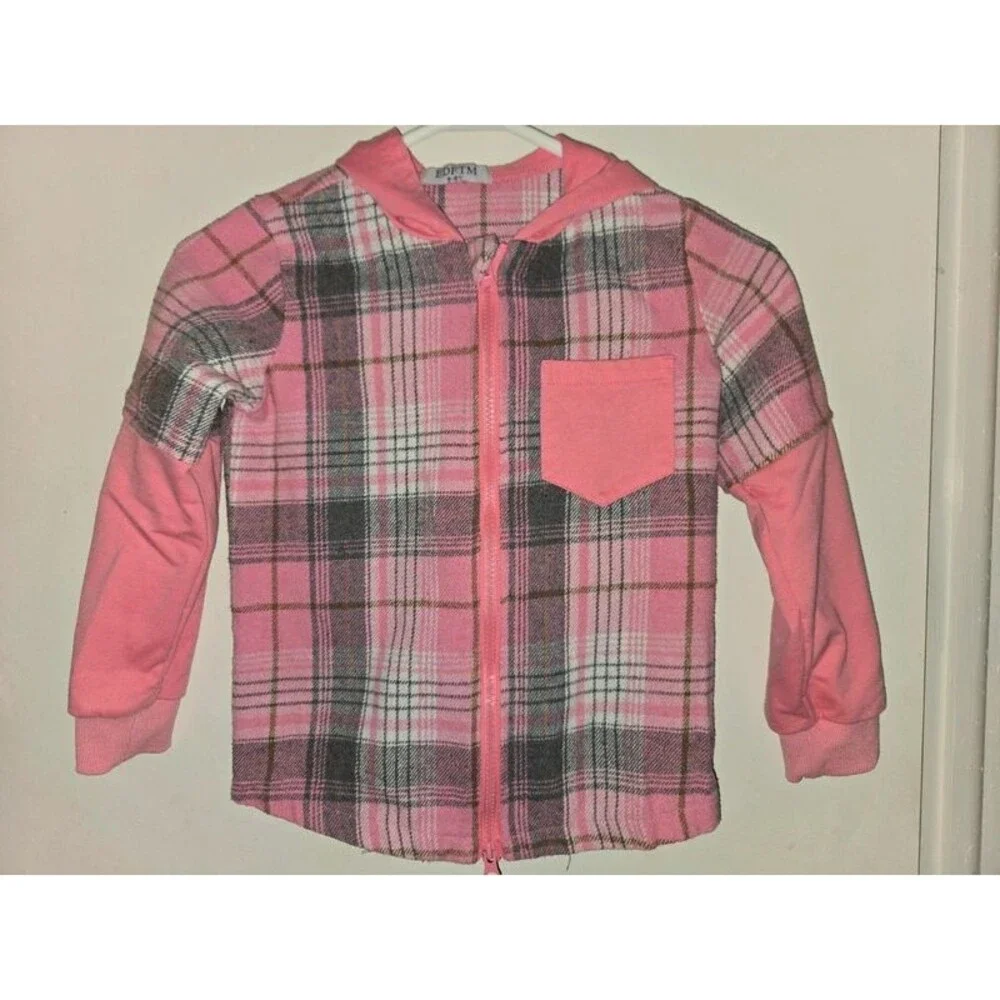 Pink & Grey Plaid Zip-Up Hooded Jacket (Size 5-6Y)